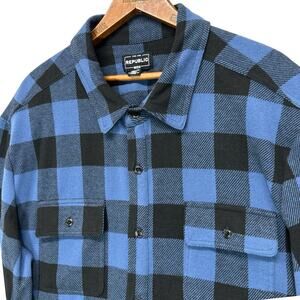 Republic Mens Plaid Shirt Soft Stretchy Mens Sz XXL Blue Black Pockets